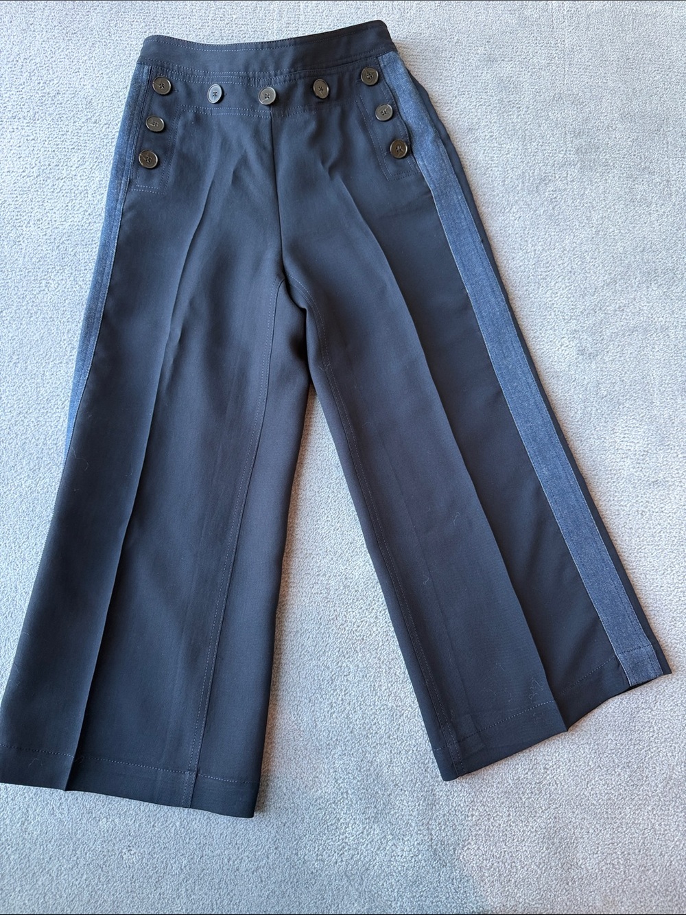 Derek Lam Black Cropped Wide-Leg Pants with Navy Side Stripe